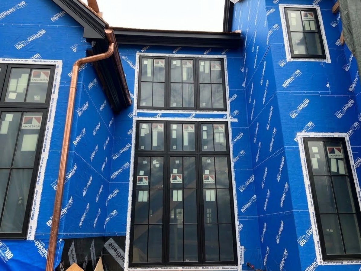 AGC ground-up residential new build fully wrapped in weather barrier with new black-frame windows and copper leaders installed